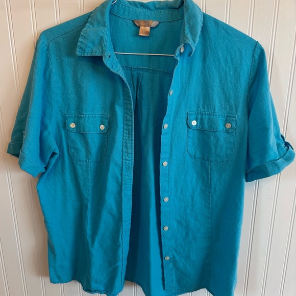 White Stag Tops - LINEN Vibrant Teal Women's White Stag Casual Button Down Shirt Medium 55% Linen